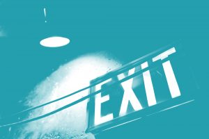 blue tinted image of exit sign