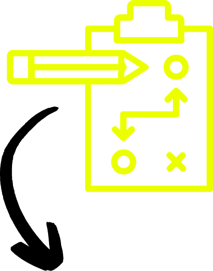 yellow icon of clipboard & black arrow