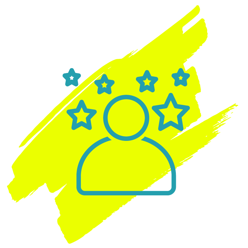 an icon of a blue person and stars with a yellow mark in the background