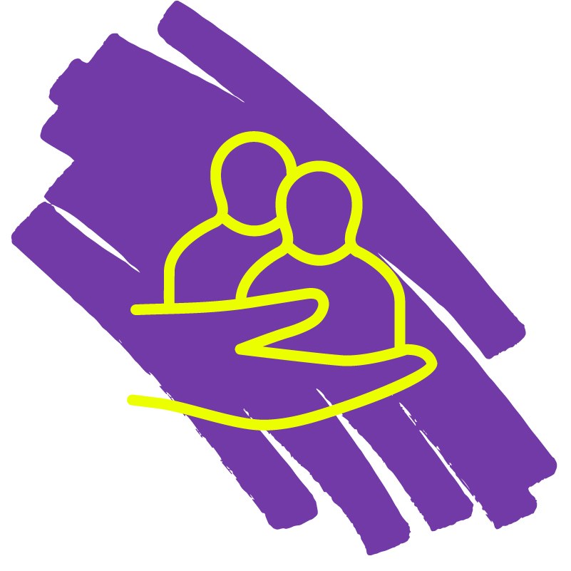 an icon of a yellow hand holding two people with a purple mark in the background